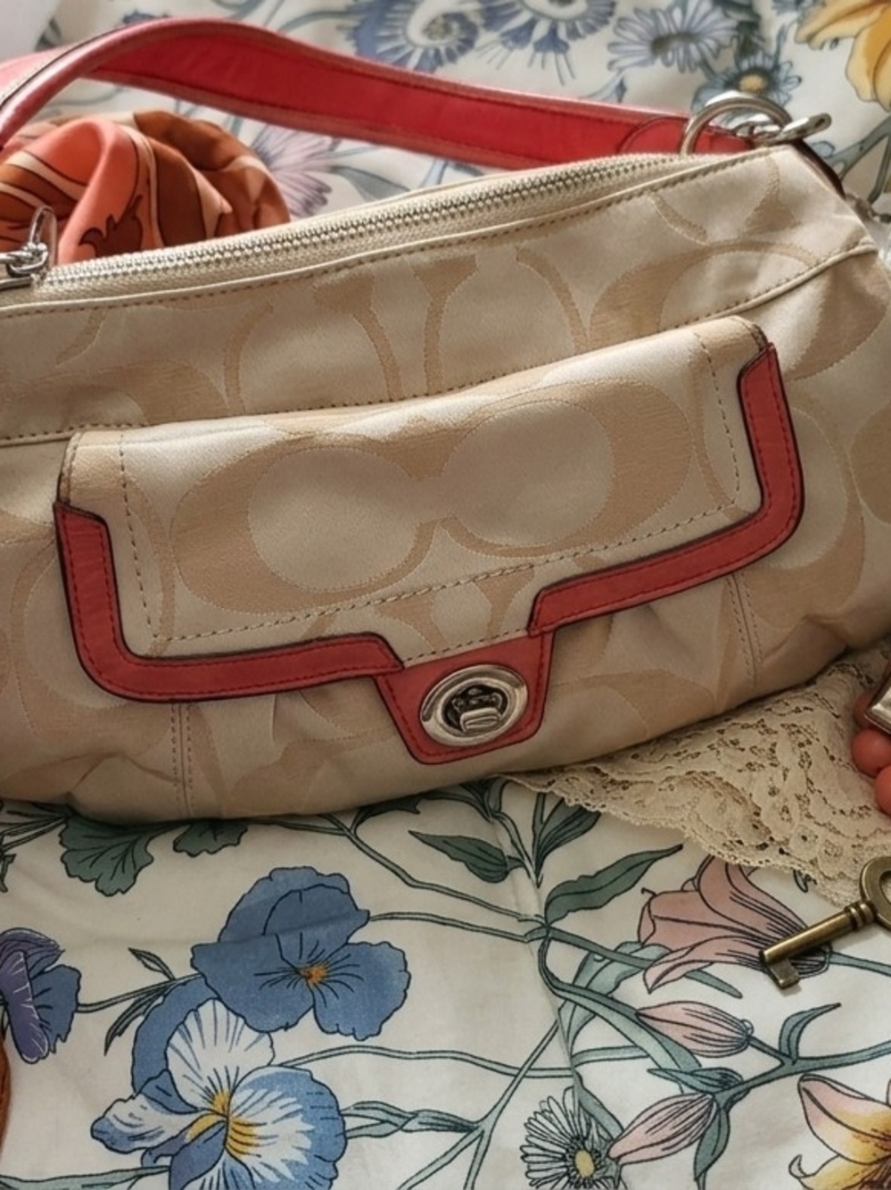 Coach Vintage Poppy Beige Signature Canvas Shoulder Bag with Coral Trim. Groovy
